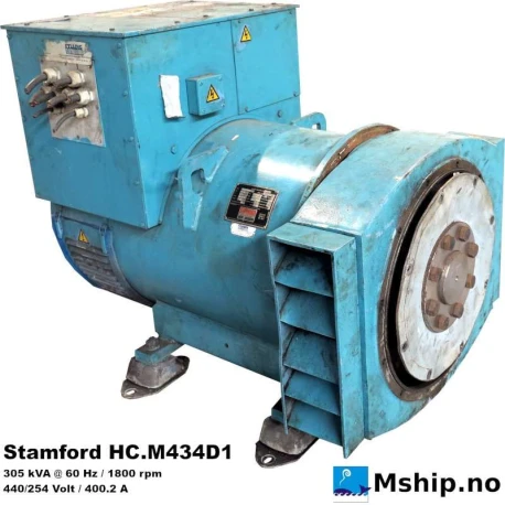 Stamford HC.M434D1 — Manufacturer: Stamford, Model: HC.M434D1, Serial number: C080912/02, Year: November 1998, RPM: 1800, Rotation direction: CCW - Counter clockwise seen from aft, Other: AVR MX341, Generator end type: Stamford HC.M434D1, Amps: 400.2, Volt: 440/254, HZ: 60, kVA: 305