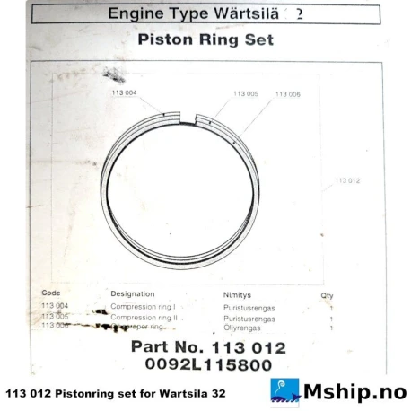 113 012 Pistonring set for Wartsila Vasa 32 — Manufacturer: Wärtsilä, Model: Wartsila Vasa 32, Manufacturers part number: 113 012 , Cylinder bore: 320 mm