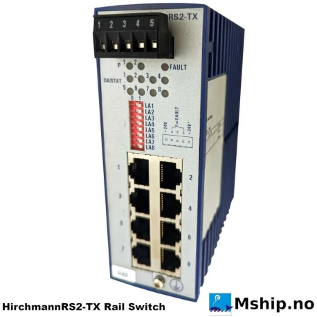 HirchmannRS2-TX Rail Switch — Manufacturer: Hirschmann, Model: RS2-TX, Manufacturers part number: 943 686-003, Performance specification: Average MTBF exceeding 100 years, Weight: 358 gram, Volt: 24 V DC