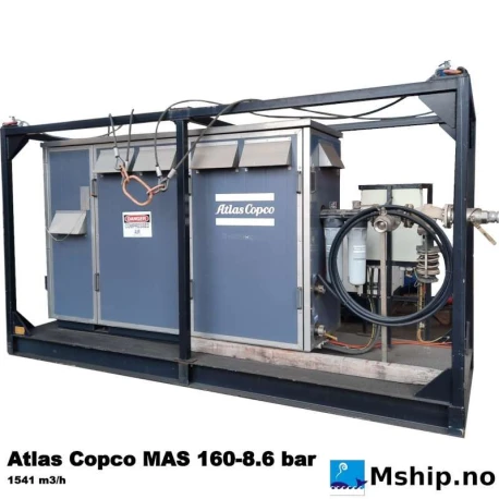 Atlas Copco MAS 160-8.6 bar — Manufacturer: Atlas Copco, Model: MAS 160-8.6 bar, Manufacturers part number: MAS160-8.6-60, Serial number: APF184603, Year: 2013, HP: 239, kW: 178, RPM: 1785, m³ /h, cubic meter per hour capacity: 1541, Electric motor type: ABB M3BP 315SMC-4, Working pressure BAR: 8,6