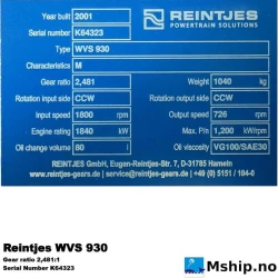 Reintjes WVS 930 — Manufacturer: REINTJES, Model: WVS 930, Alternative part number: WVS930, Serial number: K64323, Performance specification: M, Year: 2001, HP: 2457, kW: 1840, RPM: In 1800 rpm. Out 726 RPM, Rotation direction: In: CCW, Out: CCW, Class: Germanischer Lloyd, Weight: 1040 kg., Gear type: FP  - normal reverse gear for fixed propeller blades, Gear ratio: 2,481:1