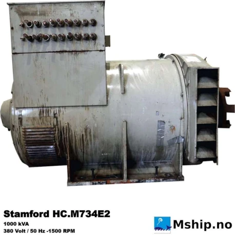 Stamford HC.M734E2 generator — Manufacturer: Stamford, Model: HC.M734E2, Manufacturers part number: Machine ID A03F058174, Serial number: 0161634/01, RPM: 1500, Class: DNV, Other: W.D DA7-1320.A600.H11., Generator end type: Stamford HC.M734E2, Amps: 1519,3, Volt: 380, HZ: 50, kVA: 1000