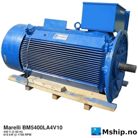 Marelli BM5400LA4V10 — Manufacturer: Marelli, Model: BM5400LA4V10, Manufacturers part number: BM54002Q90320, Serial number: N017125, Performance specification: IP55, kW: 610, RPM: 1790, Running Hours: 0 - new, Class: DNV, Weight: 2700 kg, Amps: 989, Volt: 440, HZ: 60