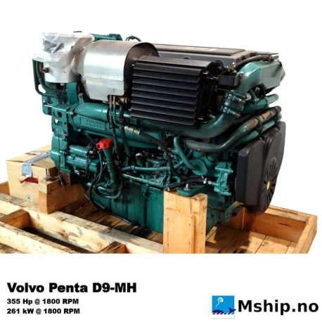 Volvo Penta D9-MH — Manufacturer: Volvo Penta, Model: D9-MH, Manufacturers part number: D9-355, Arrangement number: D9A R1/R2, Serial number: 1009108156 / 1009108161
Two identical engines available, Performance specification: 869346, Year: 2005, HP: 355, kW: 261, RPM: 1800, Cylinder bore: 120 mm, Piston Stroke: 138 mm, Number of cylinders: 6, Displacement: 9.36 L, Cylinder configuration: In line, Rotation direction: CCW - Counter clockwise seen from aft, Fuel Type: Diesel, Other: EPA TIER II, Weight: 1150 kg
