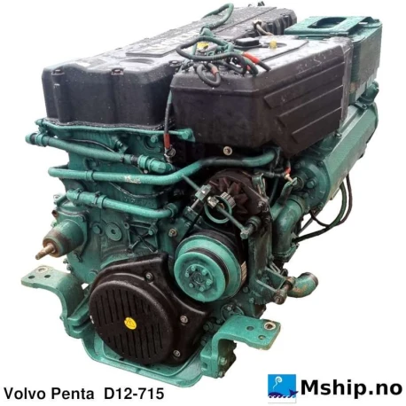 Volvo Penta  D12-715 — Manufacturer: Volvo Penta, Model: D12-715, Serial number: 1012539040, Performance specification: D12D MP, Year: 2005, HP: 715, kW: 526, RPM: 2300, Running Hours: 8500, Cylinder bore: 131 mm, Piston Stroke: 150 mm, Number of cylinders: 6, Displacement: 12,1 Liter, Cylinder configuration: In line, Rotation direction: CCW - Counter clockwise seen from aft, Injection pump type: Electronic Unit Injectors, one per cylinder,
vertically positioned at the center in between
the four valves, Weight: 1400 kg dry weight, Amps: 410, Volt: 440, HZ: 60, kVA: 312, Gear type: Not included - optional
