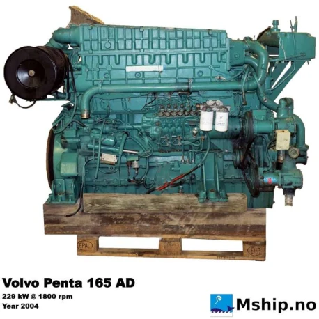 Volvo Penta TAMD 165 AD — Manufacturer: Volvo Penta, Model: TAMD 165 AD, Serial number: 1160052873, Performance specification: 869194, Year: 2004, kW: 229, RPM: 1800, Cylinder bore: 144 mm, Piston Stroke: 165 mm, Number of cylinders: 6, Displacement: 16,12 liter, Cylinder configuration: In line, Rotation direction: CCW - Counter clockwise seen from aft, Fuel Type: Diesel, Weight: 1700 Kg, dry weight