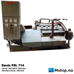Deutz F8L 714  100 kWA generator set. — Manufacturer: Deutz, Model: F8L 714, Serial number: 4 972 730, Year: 1971, RPM: 1500, Running Hours: 542, Cylinder bore: 120 mm, Piston Stroke: 120 mm, Number of cylinders: 8, Displacement: 10,86 Liter, Cylinder configuration: V-engine, Rotation direction: CCW - Counter clockwise seen from aft, Fuel Type: Diesel, Generator end type: Electric Construction BRF280  Number 330144, Amps: 152, Volt: 380, HZ: 50, kVA: 100
