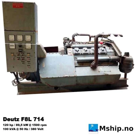 Deutz F8L 714  100 kWA generator set. — Manufacturer: Deutz, Model: F8L 714, Serial number: 4 972 730, Year: 1971, RPM: 1500, Running Hours: 542, Cylinder bore: 120 mm, Piston Stroke: 120 mm, Number of cylinders: 8, Displacement: 10,86 Liter, Cylinder configuration: V-engine, Rotation direction: CCW - Counter clockwise seen from aft, Fuel Type: Diesel, Generator end type: Electric Construction BRF280  Number 330144, Amps: 152, Volt: 380, HZ: 50, kVA: 100