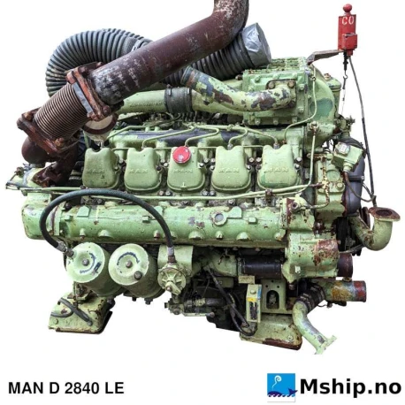 MAN D 2840 LE — Manufacturer: MAN, Model: D 2840 LE, Serial number: 4635584059A301, Performance specification: 583290/001/531687, Year: 1987, HP: 470 @1800 rpm / 635 @2300 rpm, kW: 346 @1800 rpm / 467 @ 2300 rpm, RPM: 1500 / 1800 / 2100 / 2300, Cylinder bore: 128 mm, Piston Stroke: 142 mm, Number of cylinders: 10, Displacement: 18,27 Liter, Cylinder configuration: V-engine, Rotation direction: CCW - Counter clockwise seen from aft, Fuel Type: Diesel, Class: DNV