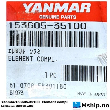 Yanmar 153605-35100 Element compl — Manufacturer: Yanmar, Model: Lube oil filter elemet NOTCH-WIRE, Manufacturers part number: 153605-35100, Alternative part number: 15360535100, Other: 15360535100