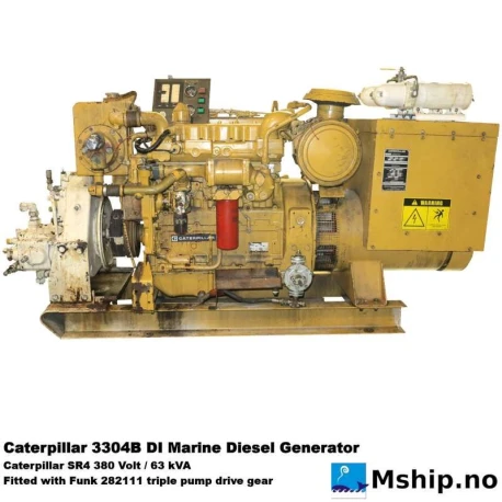 Caterpillar 3304B DI Marine Diesel Generator — Manufacturer: Caterpillar, Model: 3304B DI, Arrangement number: 1W3884, Serial number: 83Z04280, Performance specification: OT5638, HP: 77, kW: 57, RPM: 1500  (1800 rpm possible), Cylinder bore: 121, Piston Stroke: 152, Number of cylinders: 4, Displacement: 6,991 Liter, Cylinder configuration: In line, Rotation direction: CCW - Counter clockwise seen from aft, Fuel Type: Diesel, Other: Fitted with Funk Model 28211 DK172  triple pump drive gear, Generator end type: Caterpillar SR4, serial number 5AA04624Arrangement Number 4W8963, Amps: 95, Volt: 380 (440V possible), HZ: 50 (60 Hz possible), kVA: 63, cos φ: 0,8