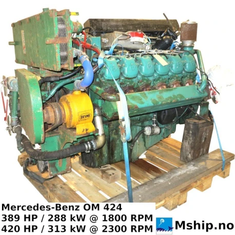 Mercedes-Benz OM 424 — Manufacturer: Mercedes-Benz, Model: OM 424, Alternative part number: OM424, Serial number: 424-900-000-003317, Year: 1988, HP: 389 / 420, kW: 288 / 313, RPM: 1800 / 2300, Running Hours: 12.218, Cylinder bore: 128 mm, Piston Stroke: 142 mm, Number of cylinders: 12, Displacement: 21927 cm³, Cylinder configuration: V-engine, Fuel Type: Diesel