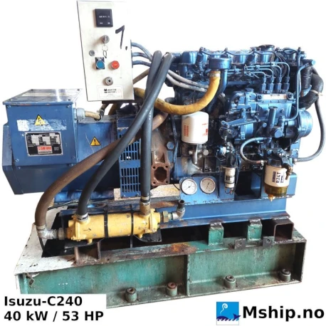 Isuzu-C240 Generator set — Manufacturer: Isuzu, Model: C240, Serial number: 841510 / C068699/01, Year: 1996, HP: 53, kW: 40, RPM: 1500, Running Hours: 1971, Cylinder bore: 86, Piston Stroke: 102, Number of cylinders: 4, Displacement: 2,369, Cylinder configuration: In line, Rotation direction: CCW - Counter clockwise seen from aft, Fuel Type: Diesel, Generator end type: Stamford BC.N184F1, Amps: 50.2, Volt: 230 | 400, HZ: 50, kVA: 20, cos φ: 0,8