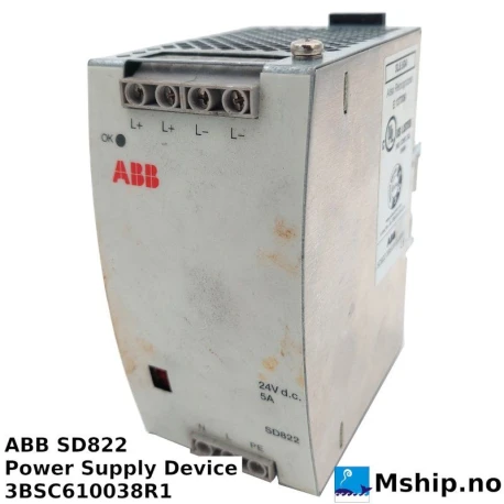 ABB SD822  Power Supply Device 3BSC610038R1 — Manufacturer: ABB, Model: SD822, Manufacturers part number: EXC3BSC610038R1, Alternative part number: E137006, Serial number: 3BSC610038R1, Weight: 0,7 Kg, Amps: 5, Volt: 24 V d.c.
