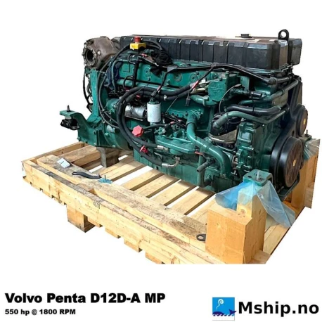 Volvo Penta D12D-A MP — Manufacturer: Volvo Penta, Model: D12D-A MP, Manufacturers part number: 869186, Arrangement number: Bell housing SAE 2, Serial number: 1012454370 and 1012454432, Year: Delivery date 26 April 2005, HP: 550 @ 1800 rpm / 715 @ 2300 rpm., kW: 526 kW @ 715 rpm, RPM: 1800 / 2300, Running Hours: About 4500 since full overhaul  / about 19500 since new., Cylinder bore: 131 mm, Piston Stroke: 150 mm, Number of cylinders: 6, Displacement: 12,13 Liter, Cylinder configuration: In line, Rotation direction: CCW - Counter clockwise seen from aft, Fuel Type: Diesel ASTM-D975 1-D & 2-D, EN 590 or JIS KK 2204, Class: The engine complies with IMO NOx, SAV, US EPA Tier 2, EU RCD and EU IWW, Other: EIAPP documentation for 550 HP rating included with each engine., Weight: 1400 kg without gear / Dry weight with reverse gear ZF325A-EB 1570 kg., Gear type: ZF325 A-EB available - sold separately, Gear ratio: 1.733:1