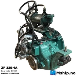 ZF 325-1A — Manufacturer: ZF, Model: 325-1A, Manufacturers part number: Part list 3214001048, Serial number: 20055185 and 20055500, Year: Delivered 26 April 2005, kW: kW / rpm: pleasure .259 light .234 Medium .177 Continuous .155 , RPM: Up to 3000 at input from engine, Rotation direction: CCW at engine side, Other: This gear is fitted with SAE1 flywheel housing.  This gear can be rebuilt to SAE2 flywheel housing using ZF adaptor kit part number 3214.116.009
7 degrees downward angle on output shaft. Gear oil cooler included, Weight: 170 kg including oil cooler