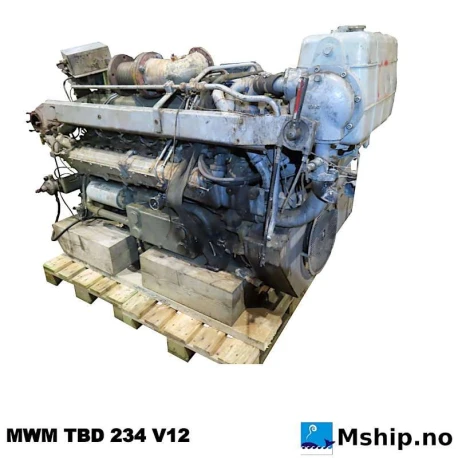 MWM TBD 234 V12 — Manufacturer: MWM, Model: TBD 234 V12, Arrangement number: TBD234V12, Serial number: 234.12.03421, Year: 1993 ?, kW: 444 kW @ 1500 rpm 480 kW @ 1800 rpm, RPM: 1500 / 1800, Cylinder bore: 128 mm, Piston Stroke: 140 mm, Number of cylinders: 12, Displacement: 21,62 L, Cylinder configuration: V type, 60°, Rotation direction: CCW - Counter clockwise seen from aft, Fuel Type: Diesel, Other: Raw water pump sold
