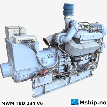 MWM TBD 234 V6 — Manufacturer: MWM, Model: TBD234V6, Serial number: 234.06.02568, RPM: 1500, Cylinder bore: 128 mm, Piston Stroke: 140 mm, Number of cylinders: 6, Displacement: 10,8 Liter, Cylinder configuration: 60° V, Rotation direction: CCW - Counter clockwise seen from aft, Fuel Type: Diesel, Generator end type: Stamford MHC434C2 No C049078/01, Amps: 504, Volt: 230, HZ: 50 Hz, kVA: 200, cos φ: 0.8
