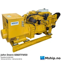 John Deere 6068TFM50 — Manufacturer:  John Deere NOGVA, Model: 6068TFM50, Manufacturers part number: 6068TFM50, Serial number: CD6068C102130, Year: 2020, HP: 141 @ 1500 rpm / 154 @ 1800 rpm, kW: 105 kW @ 1500 rpm / 115 @ 1800 rpm, RPM: 1500 / 1800, Running Hours: 1320, Cylinder bore: 106 mm, Piston Stroke: 127 mm, Number of cylinders: 6, Displacement: 6,8 liters, Cylinder configuration: In line, Rotation direction: CCW - Counter clockwise seen from aft, Fuel Type: Diesel, Injection pump type: Mechanical, Weight: 730 kg (engine) 492 (generator end), Generator end type: STAMFORD 4 POLE UCM274E1 No. X18C103505, Amps: 365 A (50 Hz), Volt: 230, HZ: 50 / 60, kVA: 105 (50 Hz), cos φ: 0,8