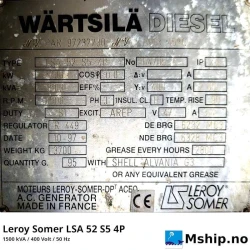 Leroy Somer LSA 52 S5 4P — Manufacturer: Leroy Somer, Model: LSA 52 S5 4P, Alternative part number: LSA52S54P, Serial number: 164705-1, Year: 1997, RPM: 1500 / 1800, Class: DNV, Weight: 3700, Amps: 2156, Volt: 400, HZ: 50 / 60, kVA: 1500, cos φ: 0.8