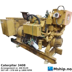 Caterpllar 3408 DITA Generator set — Manufacturer: Caterpillar, Model: 3408 DITA, Arrangement number: 4W-9129, Serial number: 78Z05790, Performance specification: 0T-7514, Year: 1998, HP: 507, kW: 378, RPM: 1800, Running Hours: 9393 hrs from PRAXIS engine room computer., Cylinder bore: 137 mm, Piston Stroke: 152,4 mm, Number of cylinders: 8, Displacement: 17,97 Liter, Cylinder configuration: V-engine, Rotation direction: CCW - Counter clockwise seen from aft, Fuel Type: Diesel, Class: Lloyd’s Register, Generator end type: Caterpillar SR-4 serial number 6DA04338 Arr 4W-9070, Amps: 1052 / 526, Volt: 240 / 480, HZ: 60, kVA: 437,5   (350 kW), cos φ: 0,8