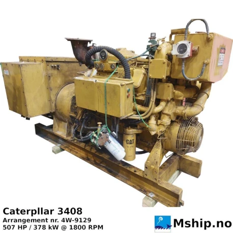 Caterpllar 3408 DITA Generator set — Manufacturer: Caterpillar, Model: 3408 DITA, Arrangement number: 4W-9129, Serial number: 78Z05790, Performance specification: 0T-7514, Year: 1998, HP: 507, kW: 378, RPM: 1800, Running Hours: 9393 hrs from PRAXIS engine room computer., Cylinder bore: 137 mm, Piston Stroke: 152,4 mm, Number of cylinders: 8, Displacement: 17,97 Liter, Cylinder configuration: V-engine, Rotation direction: CCW - Counter clockwise seen from aft, Fuel Type: Diesel, Class: Lloyd’s Register, Generator end type: Caterpillar SR-4 serial number 6DA04338 Arr 4W-9070, Amps: 1052 / 526, Volt: 240 / 480, HZ: 60, kVA: 437,5   (350 kW), cos φ: 0,8