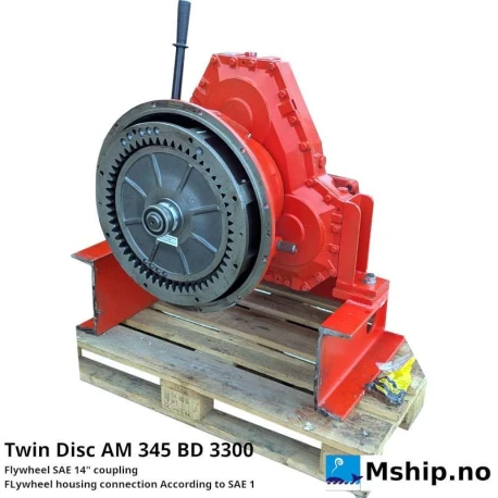 Twin Disc AM 345 BD 3300  pump drive — Manufacturer: Twin Disc, Model: AM 345 BD 3300 pump drive, Manufacturers part number: AM 345 BD 3300, Alternative part number: AM345BD3300, Serial number: 3405252, HP:  Maximum INPUT POWER 1010 hp, kW:  Maximum INPUT POWER 755 kW, RPM: MAX input speed 2600 rpm, Rotation direction: Output rotation is opposite to input rotation, Weight: 298 kg, Gear ratio: 1:1