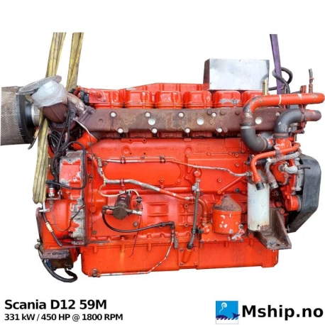Scania DI12 59M — Manufacturer: Scania, Model: DI12 59M, Alternative part number: DI1259M, Arrangement number: DI12 59 M08P, Serial number: 6512953, Year: 2005, HP: 450, kW: 331, RPM: 1800, Running Hours: 30979, Cylinder bore: 127 mm, Piston Stroke: 154 mm, Number of cylinders: 6, Displacement: 11,705 Liter, Cylinder configuration: In line, Rotation direction: CCW - Counter clockwise seen from aft