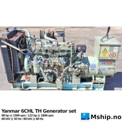 Yanmar 6CHL TH — Manufacturer: Yanmar, Model: 6CHL-TH, Serial number: 1185, Year: 1998, HP: 98 hp @ 1500 rpm / 122 Hp @ 1800 rpm, kW: 73 @ 1500 rpm / 91 @1800 rpm, RPM: 1500 / 1800, Running Hours: 166, Cylinder bore: 105 mm, Piston Stroke: 125 mm, Number of cylinders: 6, Displacement: 6,494 Liter, Cylinder configuration: In line, Rotation direction: CCW - Counter clockwise seen from aft, Fuel Type: Diesel, Class: ClassNK, Other: Switchboard and 450 Liter fuel tank included., Generator end type: Taiyo electric 85B405E  serial No Gv 20573, Amps: 128, Volt: 400/440, HZ: 50/60, kVA: 100 kVA