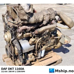DAF DKT 1160 A — Manufacturer: DAF, Model: DKT 1160 A, Serial number: H-22455, HP: 288, kW: 212, RPM: 2200, Cylinder bore: 130 mm, Piston Stroke: 146 mm, Number of cylinders: 6, Displacement: 11,63 Liter, Cylinder configuration: In line, Rotation direction: CCW - Counter clockwise seen from aft, Fuel Type: Diesel