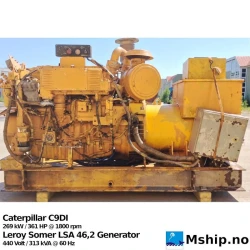 Caterpillar C9DI — Manufacturer: Caterpillar, Model: C9DI, Arrangement number: 242-3455, Serial number: C9A00655, Performance specification: 0K-6608, Year: 2007, HP: 361, kW: 269, RPM: 1800, Cylinder bore: 112 mm, Piston Stroke: 149 mm, Number of cylinders: 6, Turbo model: 241-9059, Class: DNV, Other: Injector 242-0857  EMC software 292-2228, Generator end type: Leroy Somer LSA 46.2  LSA M 46.2VL12 C 6/4  No. 207239/3, Amps: 410, Volt: 440, HZ: 60, kVA: 312, Fuel consumption: 68,1 L /hr at 100% load