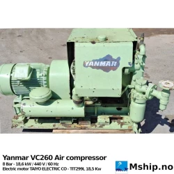 Yanmar VC260 compressor — Manufacturer: Yanmar, Model: VC260, Serial number: CP71002, Year: 1997, kW: 18.5, RPM: 875, Class: NK, Amps: 34, Volt: 440, HZ: 60, Electric motor type: TAIYO ELECTRIC CO TIT200L, Working pressure BAR: 8