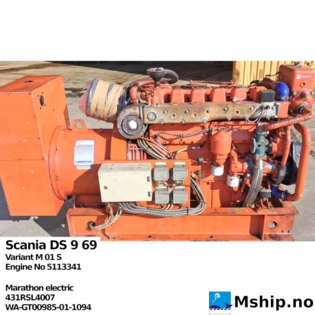 Scania DS 9 69 Genset — Manufacturer: Scania, Model: DS 9 69, Alternative part number: DS969 M01S, Arrangement number: M 01 S, Serial number: 5113341, RPM: 1500 / 1800, Cylinder bore: 115 mm, Piston Stroke: 144 mm, Number of cylinders: 6, Displacement: 8,974 Liter, Cylinder configuration: In line, Rotation direction: CCW - Counter clockwise seen from aft, Fuel Type: Diesel, Weight: Generator weight 621 kg., Generator end type:  Marathon Electric MAGNAMAX D431RSL4007 WA-GT00985-01-10-94, Volt: 230 / 480, HZ: 50 @ 1500 rpm / 60 @ 1800 RPM, cos φ: 0,8