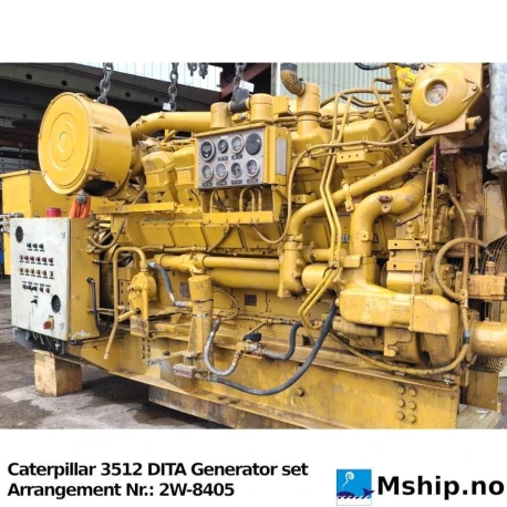 Caterpillar 3512 DITA Generator set — Manufacturer: Caterpillar, Model: 3512 DITA, Alternative part number: 165145-3, Arrangement number: 2W-8405, Serial number: 24Z08568, Year: 1998, HP: 1508 @ 1800 rpm, kW: 1125 @ 1800 rpm, RPM: 1500 / 1800, Cylinder bore: 170 mm, Piston Stroke: 190 mm, Number of cylinders: 12, Displacement: 51,76 Liter, Cylinder configuration: V-engine, Rotation direction: CW - Clockwise seen from aft, Fuel Type: Diesel, Class: Lloyd’s Register, Generator end type: LSA 50 M6 4P, Volt: 440, HZ: 60, kVA: 1200, cos φ: 0,8