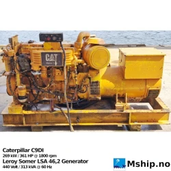 Caterpillar C9DI — Manufacturer: Caterpillar, Model: C9DI, Arrangement number: 242-3455, Serial number: C9A00656, Performance specification: 0K-6608, Year: 2007, HP: 361, kW: 269, RPM: 1800, Cylinder bore: 112 mm, Piston Stroke: 149 mm, Number of cylinders: 6, Turbo model: 241-9059, Class: DNV, Other: Injector 242-0857  EMC software 292-2228, Generator end type: Leroy Somer LSA 46.2  LSA M 46.2VL12 C 6/4  No. 207239/3, Amps: 410, Volt: 440, HZ: 60, kVA: 312, Fuel consumption: 68,1 L /hr at 100% load