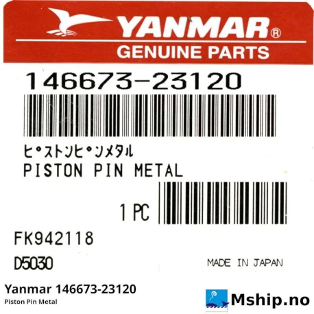 Yanmar 146673-23120 Piston Pin Metal — Manufacturer: Yanmar, Model: Piston Pin Metal, Manufacturers part number: 146673-23120, Alternative part number: 14667323120