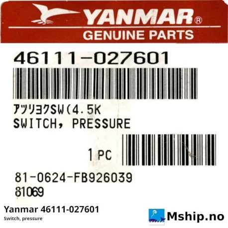 Yanmar 46111-027601 Switch, pressure — Manufacturer: Yanmar, Model: Switch, pressure, Manufacturers part number: 46111-027601, Alternative part number: 46111027601