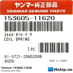Yanmar 153605-11620 Coil spring, Valve rotator — Manufacturer: Yanmar, Model: Coil spring, Valve rotator, Manufacturers part number: 153605-11620, Alternative part number: 15360511620