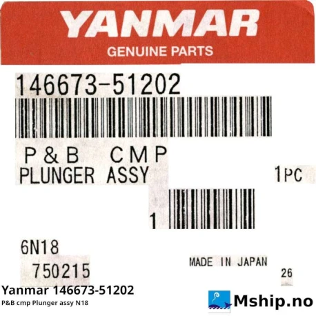 Yanmar 146673-51202 P&B cmp Plunger assy N18 — Manufacturer: Yanmar, Model: P&B cmp Plunger assy N18, Manufacturers part number: 146673-51202, Alternative part number: 14667351202
