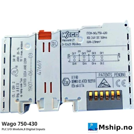 Wago 750-430 PLC I/O Module,8 Digital Inputs — Manufacturer: Wago, Model: 750-430 PLC I/O Module,8 Digital Inputs, Manufacturers part number: 750-430, Alternative part number: 750430, Volt: 24V DC