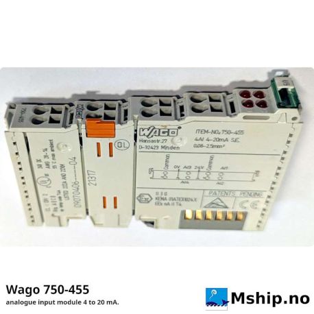 Wago 750-455 analogue input module 4 to 20 mA. — Manufacturer: Wago, Model: analogue input module 4 to 20 mA., Manufacturers part number: 750-455, Alternative part number: 750600 750-455/020-000, Volt: 24V DC