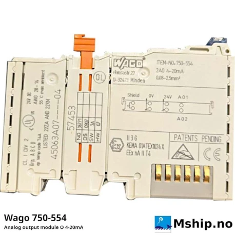 Wago 750-554 Analog output module 4-20mA — Manufacturer: Wago, Model: Analog output module 4-20mA, Manufacturers part number: 750-554, Alternative part number: 750554, Volt: 24V DC