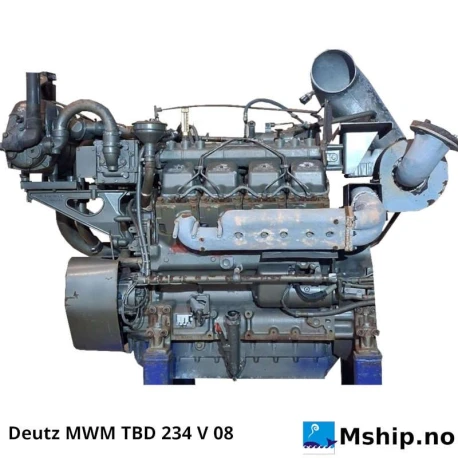 MWM TBD 234 V08 — Manufacturer: MWM, Model: TBD234V08, Serial number: 234.08.02235, RPM: 1500 / 1800 / 1925, Running Hours: Reported to have only 180 running hours, but no hour meter present to confirm., Cylinder bore: 128 mm, Piston Stroke: 140 mm, Number of cylinders: 6, Displacement: 10,8 Liter, Cylinder configuration: 60° V, Rotation direction: CCW - Counter clockwise seen from aft, Fuel Type: Diesel