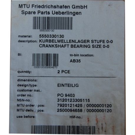 MTU 5550330130 CRANKSHAFT BEARING   Standard size  - EINTEILIG — Manufacturer: MTU, Manufacturers part number: 5550330130