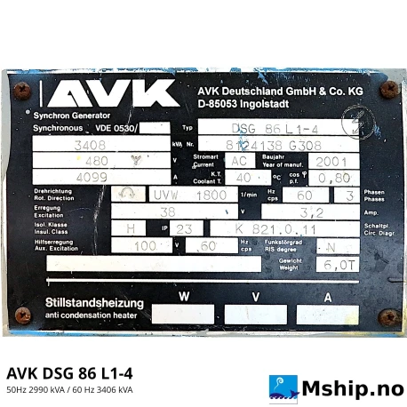 AvK DSG 86 L1-4 generator nameplate – 3408 kVA, 480 V, 60 Hz, 1800 rpm